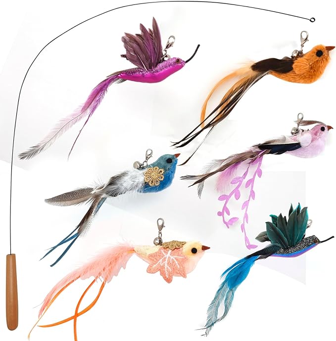 miwoowim Interactive Cat Toys for Indoor Cats - 35'' Steel Wire and 6PCS Feather Bird Refills,Teaser Toy,Cat Wand Toy,Feathers & Bells, Realistic Bird Impression (7 PCS)