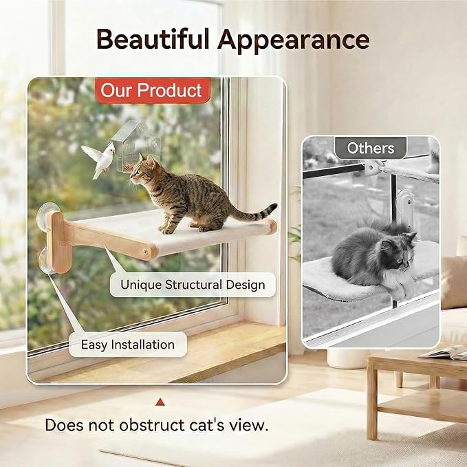 Cat Window Perch with Bird Feeder,Suction Cup Window Cat Bed for Large Cats | Solid Wood Frame, Plush Washable Cover. Suction Cups Support Up To 50 Lbs On Flat Glass. Foldable Design, Tool-Free Setup.