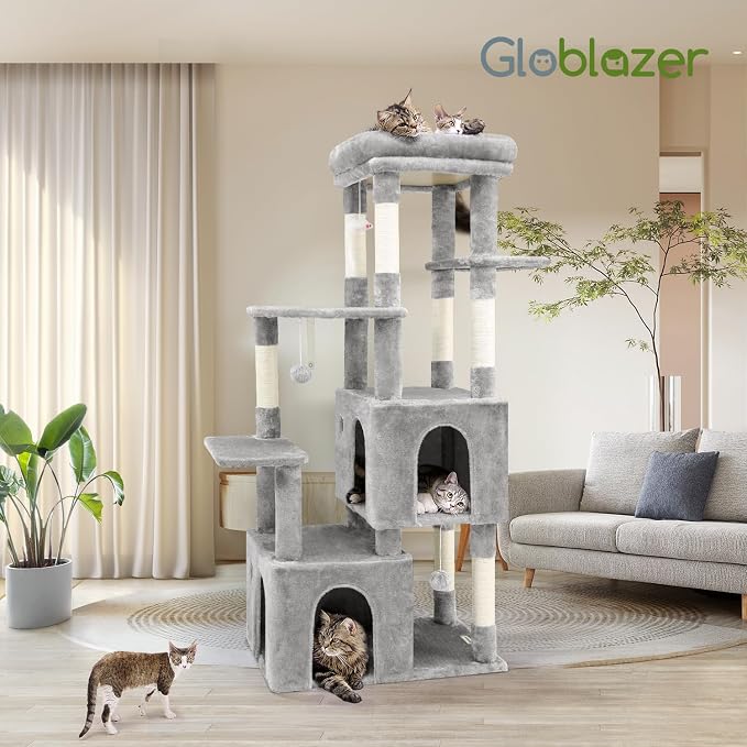 Globlazer Cat Tower for Indoor Cats, Heavy Duty Cat Trees for Large Cats Adult Big Cats Maine Coon Cat Tree Tower with Scratching Post, Extra Large Top Perch, Cat Condos, F61, Light Grey, 61inch | Cat Tower for Indoor Large Adult Cats with Scratching P...