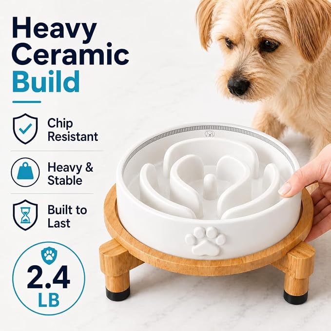 Slow Feeder Dog Bowls – Elevated Dog Bowl Slow Feeder with Bamboo Stand– Microwaveable Dog Slow Feeder for Small and Medium Dogs – Lead and BPA-Free Ceramic Pet Bowl – Pet Feeder for Fast Eaters