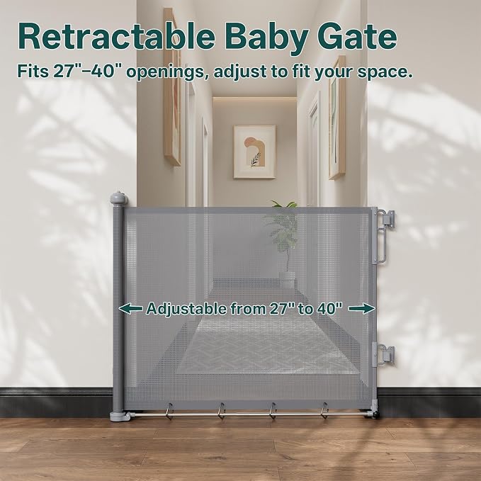 Cumbor 27-40" Retractable Baby Gates for Stairs & Doorways, Hardware Mounted Mesh Dog & Pet Gate, Easy Walk Through, One-Hand Operation, Anti-Crawl Adjustable Safety Gate for Dog, Indoor Outdoor Grey
