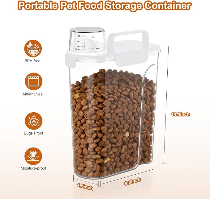 Uppetly Dog Cat Food Storage Container, 5-7Lbs Pet Food Containers, Airtight Cat Food Container with Portable Handle & Measuring Cup, Small Animal Dry Food Dispenser for Dogs, Cats and Birds White