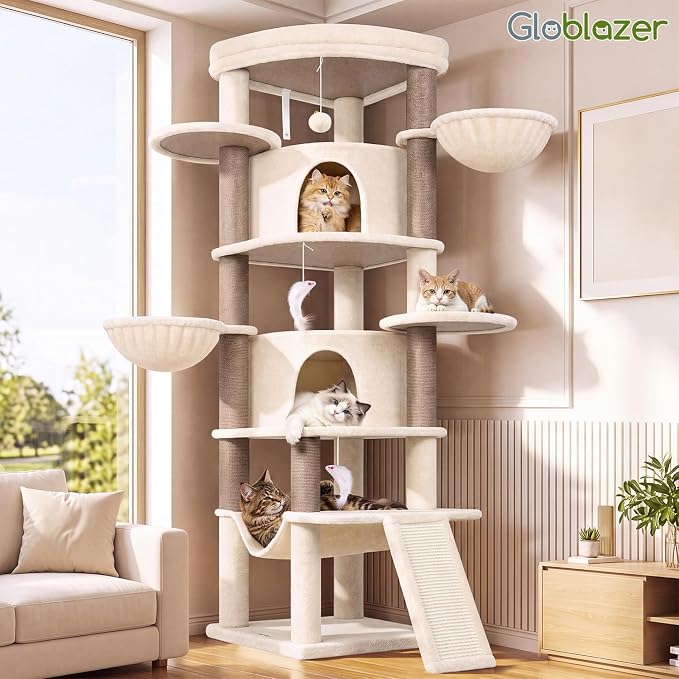 Globlazer 73in Corner Stable Cat Tree for Indoor Cats, C73, Beige | Space-Saving Multi-Level Climbing Tower, Large Fan-Shaped Condos & Top Perch, 8 Full-Sisal Posts & Board, Metal Baskets