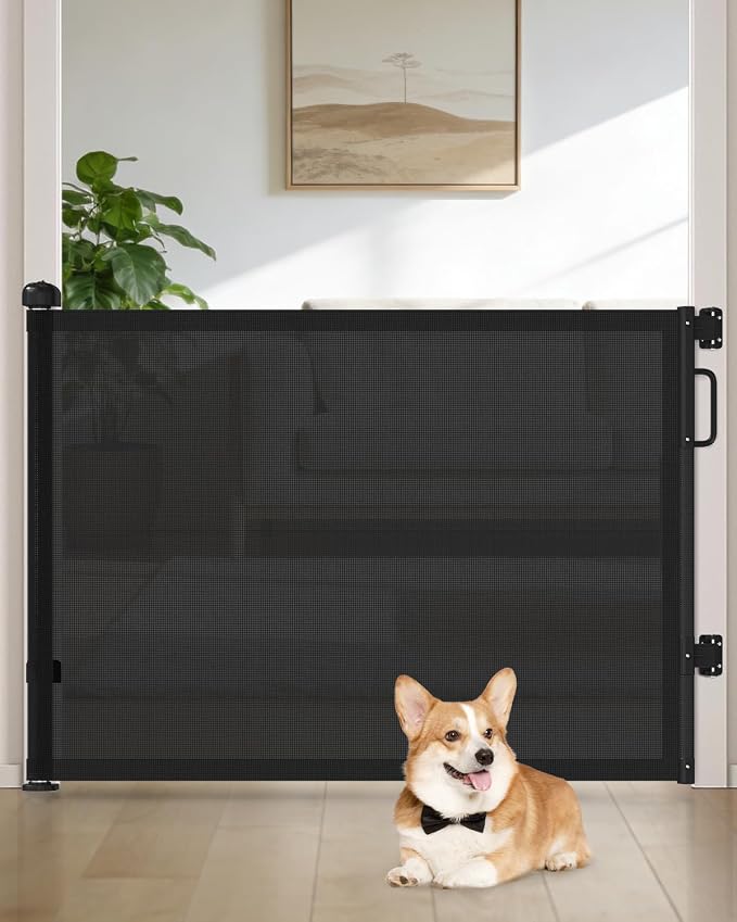 Retractable Baby Gates for Doorways, 58" Extra Wide Mesh Child Dog Gate for Stairs, 34" Tall Toddler Pet Gate Indoor and Outdoor, Easy Install, Essential for Home Safety, Black