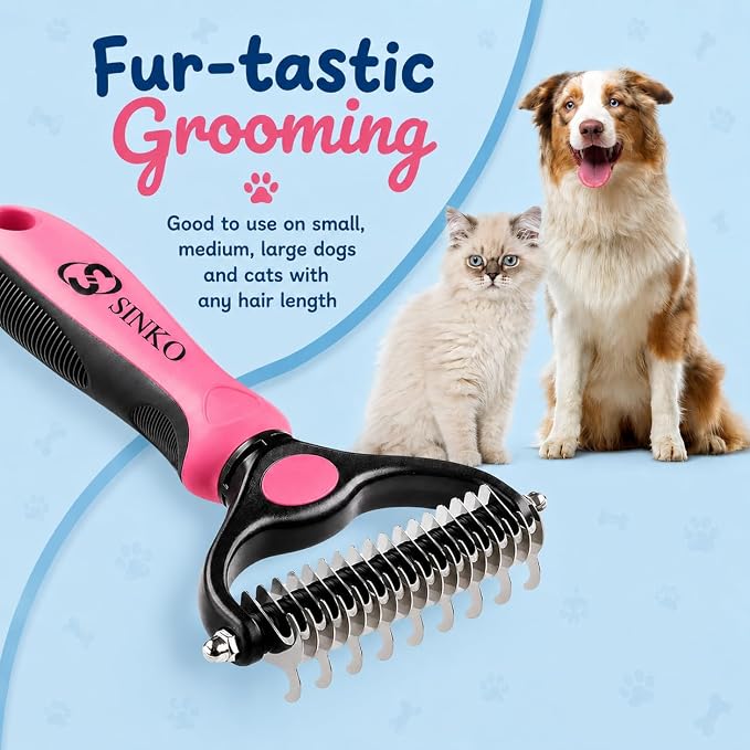Sinko Shedding Brush For Dog and Cat, Undercoat Rake with Extra Wide Double-Sided Stainless Teeth for Detangling, Deshedding, Brushing & Removing Shed Fur, Knots, Mats, and Tangles in Pets (Pink)