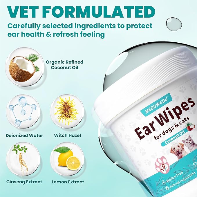 MEDUWEDU Ear Cleaner Wipes 120 Counts, Dog Ear Cleaner, Grooming Kit Care for Dogs and Cats, Soft & Easy Otic Cleaning Pads, Remove Wax, Dirt & Stop Smelly, Itchy, Non-Irritating, Coconut Scent