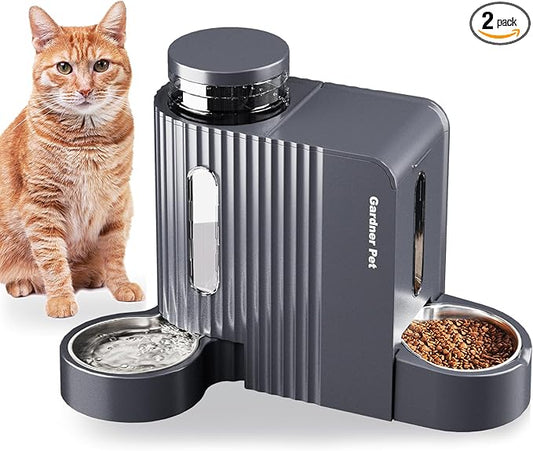 Gardner Pet Automatic Gravity Cat Food Feeder and Water Dispenser Stainless Steel Two-in-One Set Large Capacity Dispenser for Pets Dogs, Puppies, Kittens-(0.8 Gallons x 2)