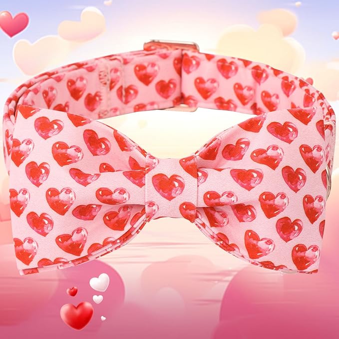 DOGWONG Valentine's Dog Collar with Bow - Cute Heart Bowtie Dog Collars, Adjustable Valentine Red Heart Pet Collars Design Dog Collar with Quick Release Buckle for Puppy Girl Boy Female Dogs