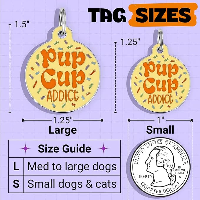 Bad Tags Personalized Dog and Cat ID Tags in 25+ Designs and 2 Sizes - 5 Lines of Custom Engraved Text - Funny Cute Personalized Pet Tags (Pup Cup Addict, Small (1 inch))
