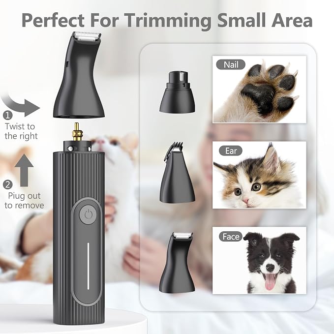 4 in 1 Dog Clippers Grooming Kit and Paw Trimmer for Thick Hair&Coats | 3-in-1 Clipper+Paw Trimmer+Nail Grinder, <60dB Quiet, Cordless,LED Display, 4 Guide Combs, Detachable Titanium-Ceramic Blade
