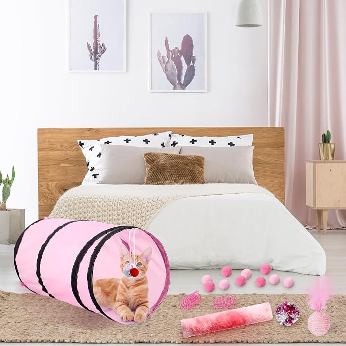 Foilswirl 24 Pcs Cat Toys Set Interactive Kitten Toys Pack Including Collapsible Play Tunnel Feather Teaser Wand Fuzzy Ball Springs Pillow Mouse Bells for Indoor Cats Puppy(Pink)
