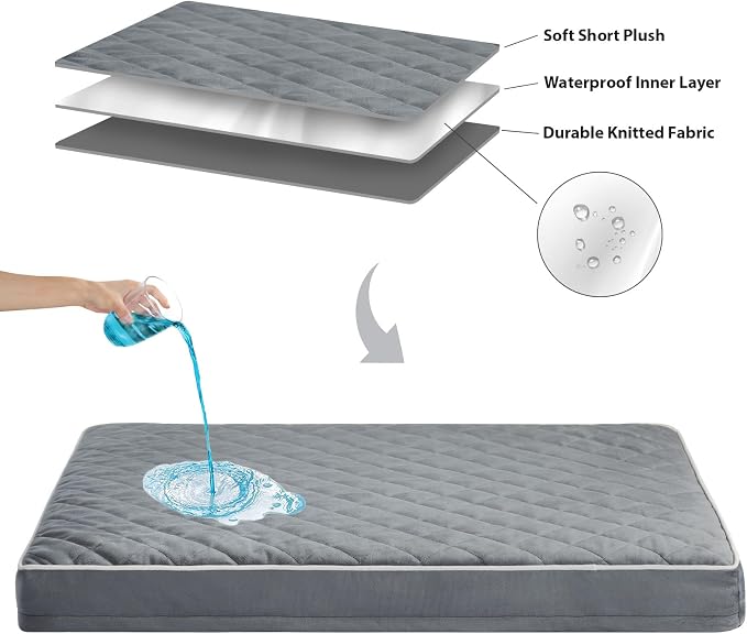 WNPETHOME Orthopedic Waterproof Large Sized Senior Dogs Bed for Comfy Sleep | Washable Ped Bed with Removable Cover, Multi-Needle Quilting Large Dogs Crate Bed for Dog Relax, Light 36x27 Inch