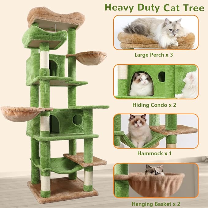 68 Inches Multi-Level Large and Tall Cat Tree Tower for Indoor Cats/Removable Pad/Cat Condo/Sisal Scratching Posts/Hammock/Cat Activity Center/Wide Base Green