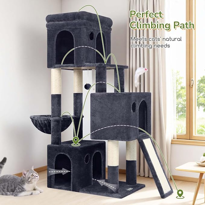 Globlazer Heavy Duty Cat Tree for Indoor Cats Large Adult, F52B, Dark Grey | 3 Condos, Extra-Large Baseboard, Removable Top Perch, 4 Sisal Posts & Board, Hanging Basket, Anti-Topple Strap, Easy Setup