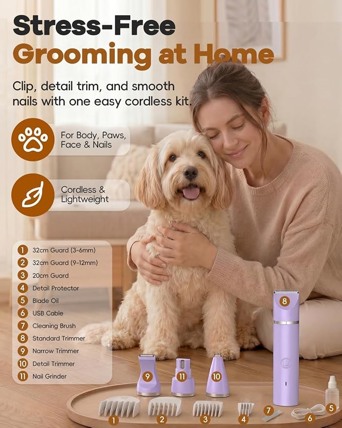 Veeconn 4 in 1 Dog Clippers Grooming Kit with Paw Hair Trimmer for Cat Pet | Low Noise, 7500RPM Powerful, IPX7 Waterproof, Safe & Easy for Beginners, 4 Guide Combs, Cordless Dog Nail Grinder(Purple)
