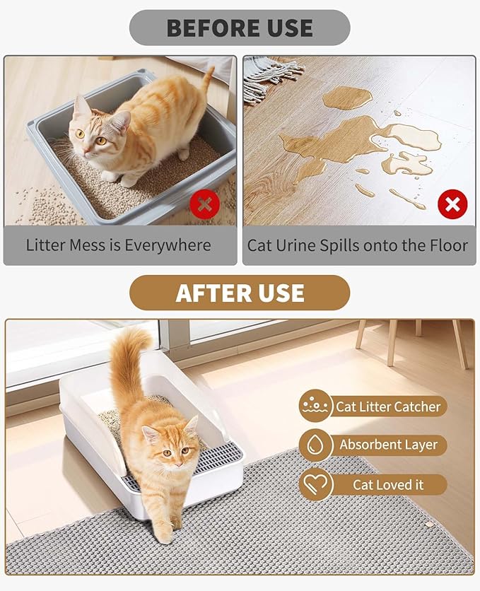 Fostanfly Cat Litter Mat, Machine Washable, Extra Large XL 45"x27", Gray | Cat Litter Trapping Mat, Urine & Waterproof, Double Layer Design, Honeycomb Scatter Control- Easy Clean for Floor