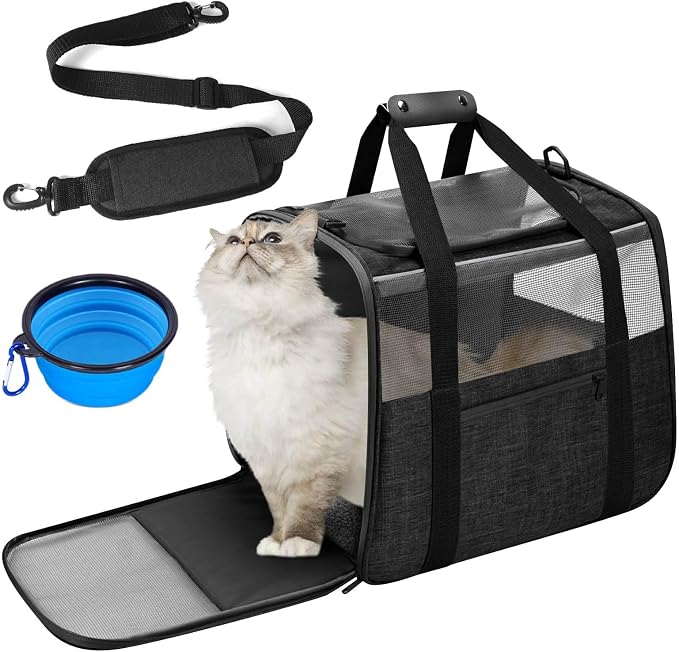 Cat Carrier Soft-Sided for Big Medium Cats, Dog Carriers for Small Dogs, Airline Approved Pet Travel Carrier for Cats Puppies up to 15Lbs with Safety Zippers Foldable Bowl, 17.5x12.4x13.5, Black