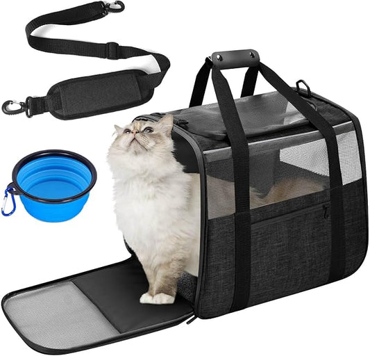 Cat Carrier Soft-Sided for Big Medium Cats, Dog Carriers for Small Dogs, Airline Approved Pet Travel Carrier for Cats Puppies up to 15Lbs with Safety Zippers Foldable Bowl, 17.5x12.4x13.5, Black