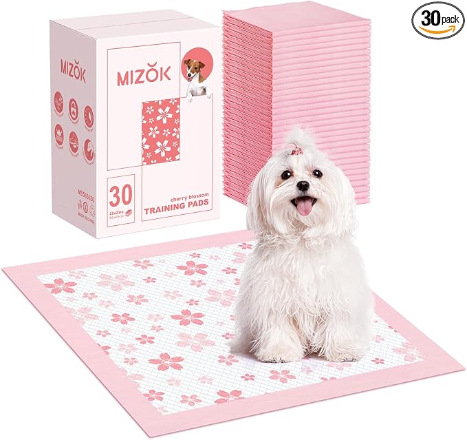 MIZOK Puppy Pads Pink 22x22in, Stay-Put Training Mats with Pheromone Attractant, Decorative Cherry Blossom 6-Layer Absorbent Dog Pee Pads, Disposable (30 Count)