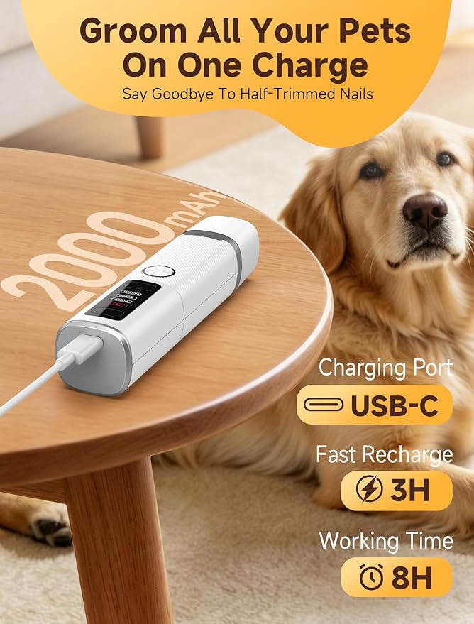 Dog Nail Grinder, Electric Dog Nail Trimmer Quiet with 2 LED Lights, 3-Speed Pet Nail Grinder for Dogs & Cats, Rechargeable 2000mAh Nail Grinder for Small Medium Large Dogs with Light, White