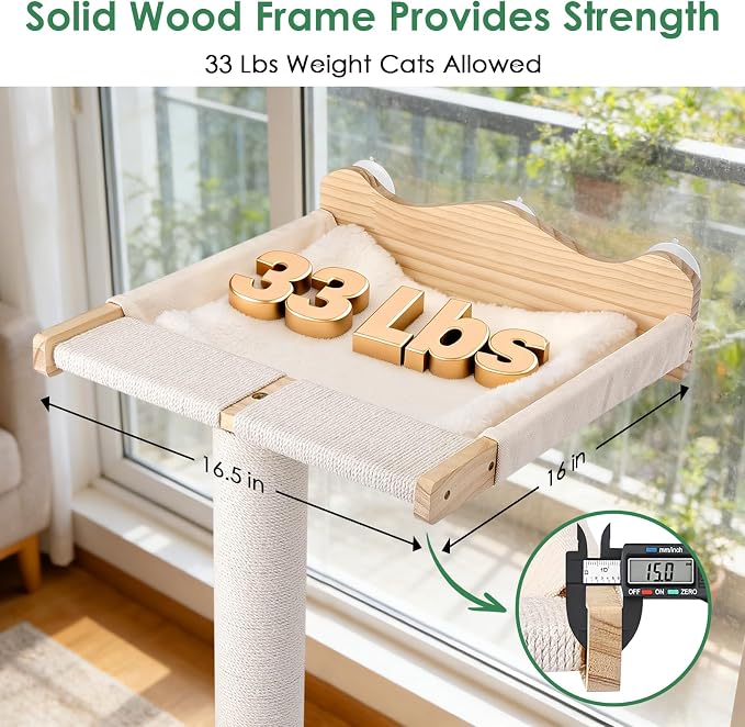 Cat Window Perch with Scratching Post, Hammock with Cushion | 44"/31"/18" Height Adjustable Sisal Cat Tree, 33lbs Capacity Perch for Indoor Cats Scratching & Watching Birds, Beige