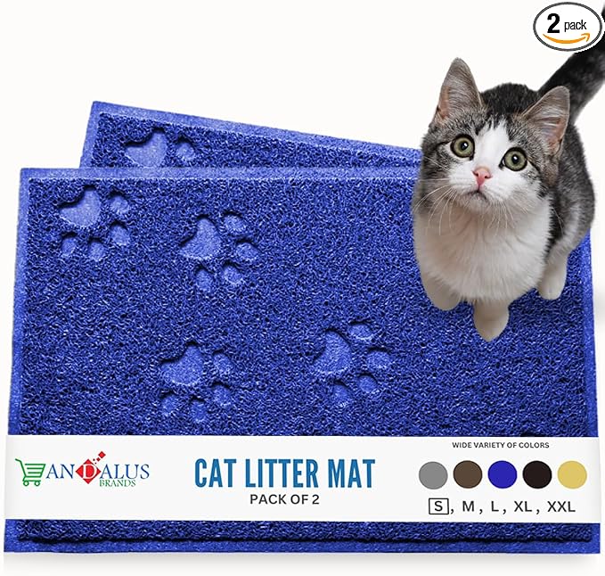Andalus Small Cat Litter Mat, Pack of 2 - Waterproof, Non-Slip & Easy to Clean Cat Litter Box Mat for Extra Efficient Pet Litter-Trapping, Blue (15.75” X 11.75”)