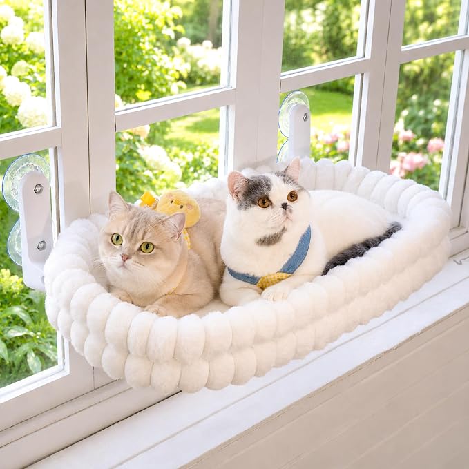 CHEERPALS Cloud Cat Window Perch for Indoor Cats Hammock Bed Foldable | Reversible Cushion Removable Washable, Breathable Soft All-Season, Sturdy Strong Suction Cups Support, Cordless(White,Large)
