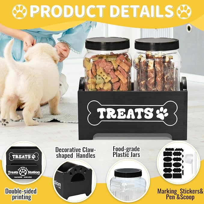 Dog Treat Container Dog Food Storage Container for Countertop, Cat Food Storage Container with 2 Plastic Dog Treat Jar, Dog Food Storage Container for Dog and Cat, Black Wooden Dog Food Container