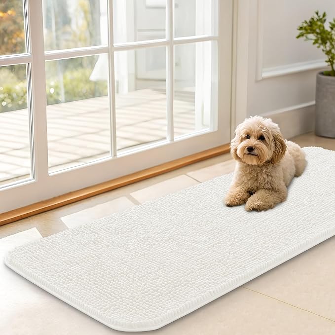 OLANLY Dog Door Mat for Muddy Paws 47x17, Super Absorbent Chenille Mud Mat | Ivory, Absorbs Moisture and Dirt, Non-Slip Machine Washable Doormat, Quick-Drying Indoor Entryway Floor Carpet for Dogs