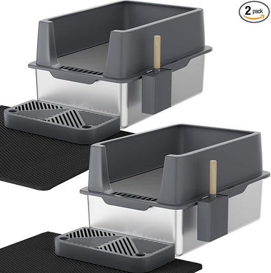 Stainless Steel Litter Box with Lid, 2 Pack XL Metal Cat Litter Box with Removable High Sided Enclosed, Foot Pedal & Scoop & Litter Mat for Big Cats, Anti-Urine Leakage, Non-Stick Bottom