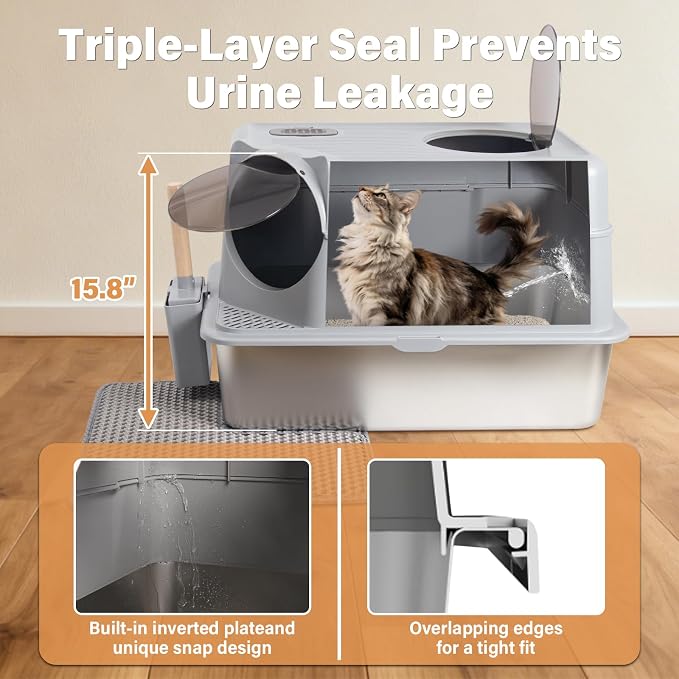 Stainless Steel Litter Box with Lid, XL Large Enclosed Cat Litter Box | Metal Cat Litter Box for Big Cats with High Sided,Anti-Leakage,Front & Top Entry,Includes Mat & Scoop