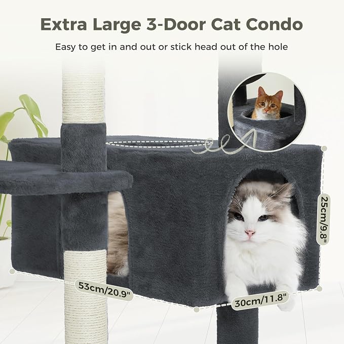 PAWZ Road 72" Cat Tree, Tall Cat Tower with Hammock& Condos for Large Cats | 20"x16" hammock for adult cats, cat tower with 7 scratching posts, dual top perch and large condo for big cats