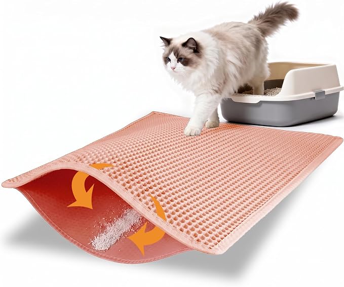 Pieviev Litter Mat, Double-Layer Waterproof Design, 30" x 24" Coral Red | Honeycomb Litter Trapping Mat Captures Scattered Particles to Stop Tracking, Waterproof Base Protects Floors, Easy to Clean