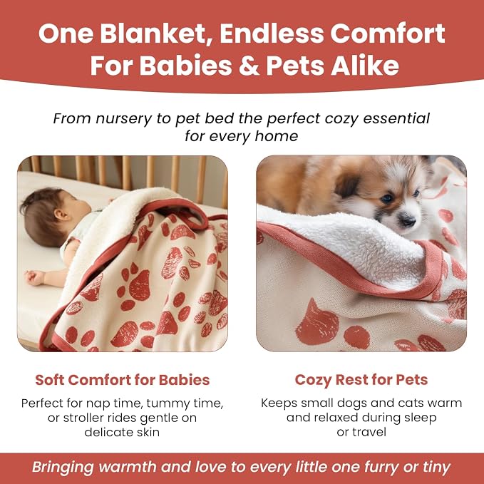 Baby & Pet Blanket 100% Cotton with Sherpa Fleece – Soft Stroller & Cuddle Blanket for Baby, Dog & Cat – Breathable, Hypoallergenic, Washable – 76×96 cm Amber Glow