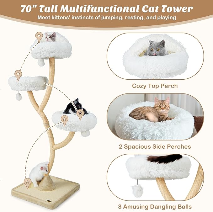 70" Tall Cat Tree, Cat Tower with Scratching Posts and Board, Multi-Level Cat Tower for Large Cats 20 lbs+ with 3 Cozy Perches and Dangling Balls, Modern Cat Tree for Indoor Cats Large Adult