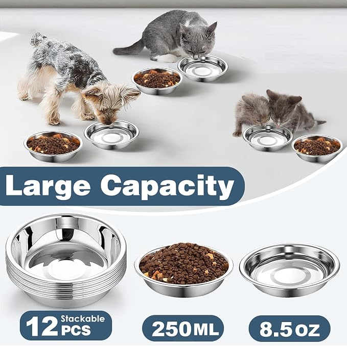 12 PCS Thickened Stainless Steel Cat Bowls, 5.5 Inch Shallow Wide Flat Metal Kitten Food Bowls, Whisker Friendly Fatigue Relief Replacement Basic Pet Dishes for Indoor Cats
