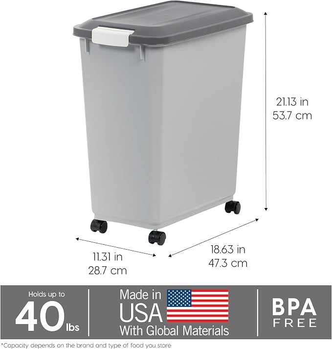 IRIS USA Dog Food Storage Container, Up to 40 lbs, Gray/Dark Gray | Made in USA, Comes with Wheels & 2-Cup Scoop, Airtight Seal, BPA-Free, Bird Seed, Cat food, Cat Litter, Treats, Pellets