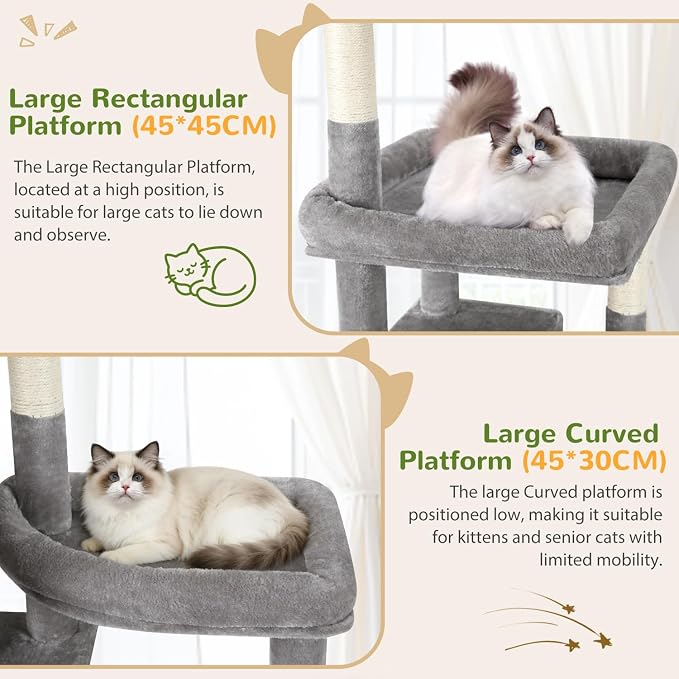Globlazer 74in Large Sturdy Cat Tree for Large Cats, F74F, Light Grey | Tall Maine Coon Cat Tower for Indoor Cats Large Adult with 8 Scratching Posts, 2 Spacious Cat Condos, 3 Perches
