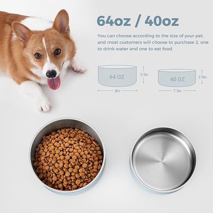 WENBOKMIN Dog Bowl, Stainless Steel Dog Food and Water Bowl with Non Slip Quiet Bottom, Easy to Clean, Dishwasher Safe, 40oz, Light Grey