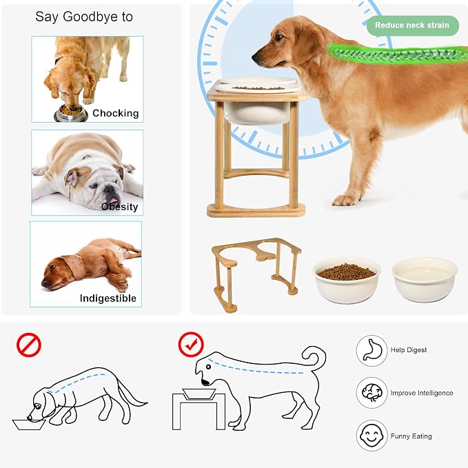 Elevated Dog Bowls for Large Dogs, Ceramic Food and Water Bowl Set, Beige | Raised Pet Feeding Dishes, 8.25" Wide Double Modern Porcelain Bowls, 11" High Wooden Stand, Non-Slip, Easy Clean, 56Oz/1600ML