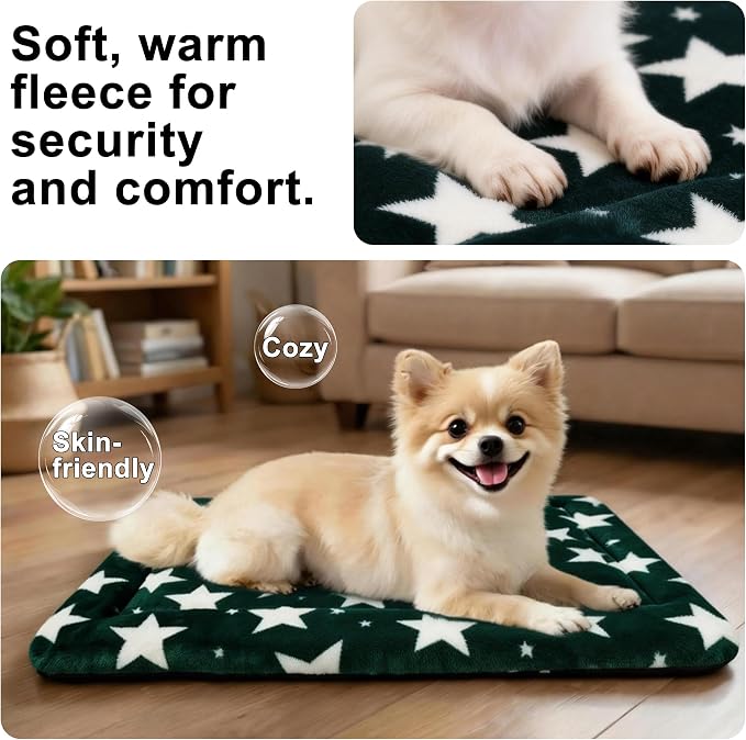Dog Bed Mat – Soft & Comfortable Dog Kennel Pad for Crate – Durable Crate Bed & Mat for Dogs & Cats – Ideal for Crate, Kennel, and Home Use (Big&Little Stars Green, S(24"*18"*1.5"))