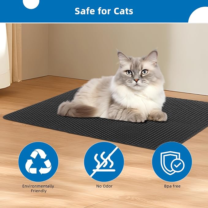 Cat Litter Mat for Indoor Cats Eva Double-Layer Litter Box Mat Washable for Easy Cleaning Cat Rug Collects Litter and Prevents Liquid Leakage (Black, 23.6×15.7inch)
