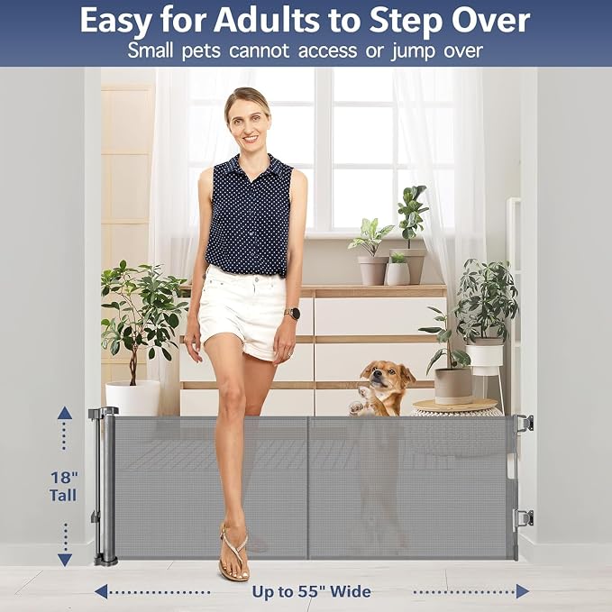 Reinforced 18 Inch Tall Retractable Pet Gate Short Dog Gates to Step Over, 55" Wide Small Dog Gate Indoor Outdoor Retractable Gate, Low Dog Gate Doggy Gate Puppy Gates for Doorways, Stairs, Gray