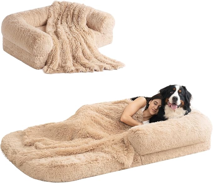 EHEYCIGA Foldable Human Dog Bed, 72"x44"x11" Orthopedic Memory Foam Human Sized Dog Bed, Waterproof Pet Bed for People, Faux Fur Pet Couch for Adult with Non-Slip Bottom, Camel