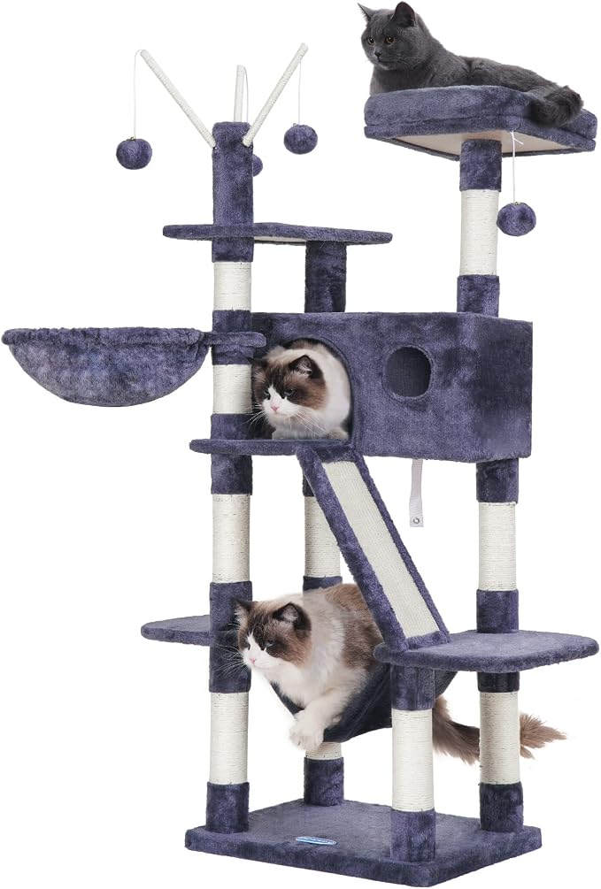 Hey-brother Cat Tree Tower with Padded Platform Bed, Toy Balls, MPJ019G | 61 Inches Cat House with Large Cozy Condo, Plush Hammocks and Sisal Scratching Posts for Indoor Multi-Cats, Smoky Gray