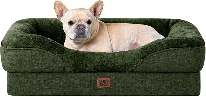 EHEYCIGA Orthopedic Dog Bed for Medium Dog, 30x20 Inch Memory Foam Dog Couch Bed with Sides, Waterproof Liner & Washable Removable Cover, Bolster Pet Sofa, Dark Green