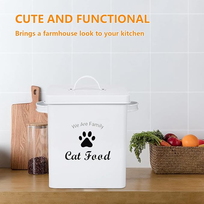 Geyecete Pet Treat and Food Storage Tin with Lid - 5lbs Capacity - Serving Scoop Included … -CAT