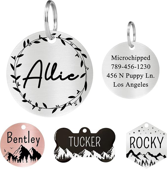 Ultra Joys Stainless Steel Pet ID Tag Dog Name Tags Personalized Front and Back Engraving, Customized Dog Tags and Cat Tags, Optional Engraved on Both Sides, Round Tag Vine Design 2, Silver Large