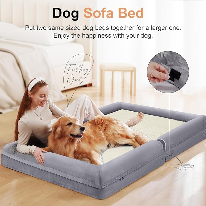 NANUYA Orthopedic Dog Bed for XX-Large Dogs, 44 x 34 Inch, Purple | Egg crate foam for joint support, 3-sided bolster pet sofa, waterproof lining, washable cover, and non-skid base