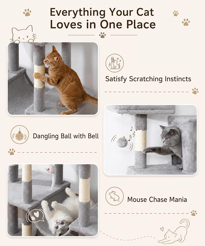 Cat Tower, 71 Inch Heavy Duty Cat Tree for Large Cats | Tall Multi-Level Cat Tree Tower with Extended Base, 2 Condos, 3 Perches, 9 Sisal Posts & Hammock for Indoor Adult Cats, Grey